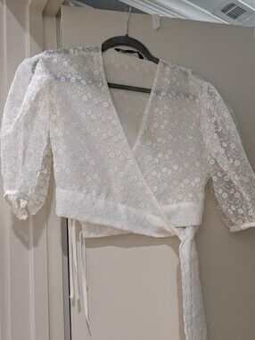 Zara White Embroidered Sheer Lace Wrap Crop Top Blouse
